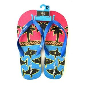 NWT Maui and Sons Size 12 Shark Palm Tree Print Men’s Flip Flops Sandals Shoes